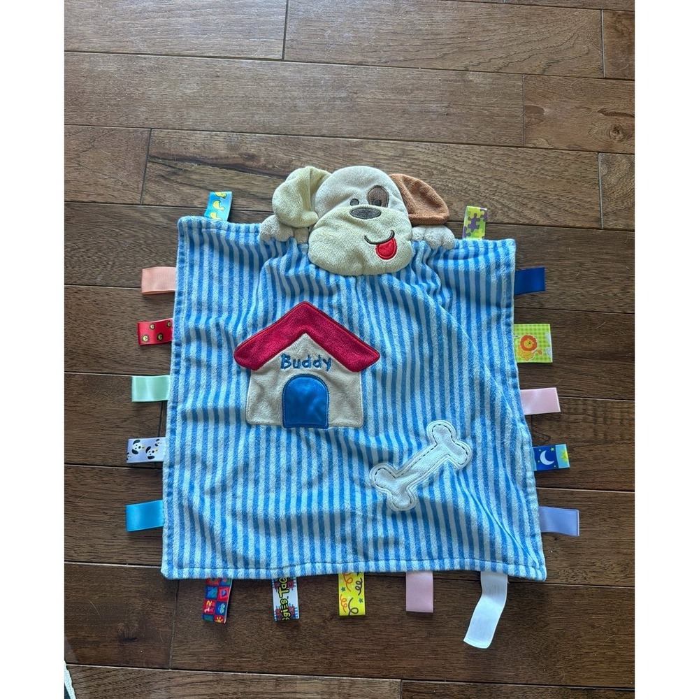 Taggies Peek A Boo Buddy Puppy Dog Baby Blanket Blue Stripe Bone Security Lovey